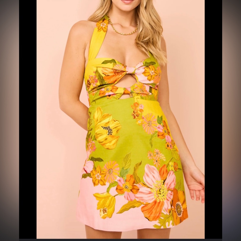 Luxxel Floral Halter Mini Dress - Yellow and Pink